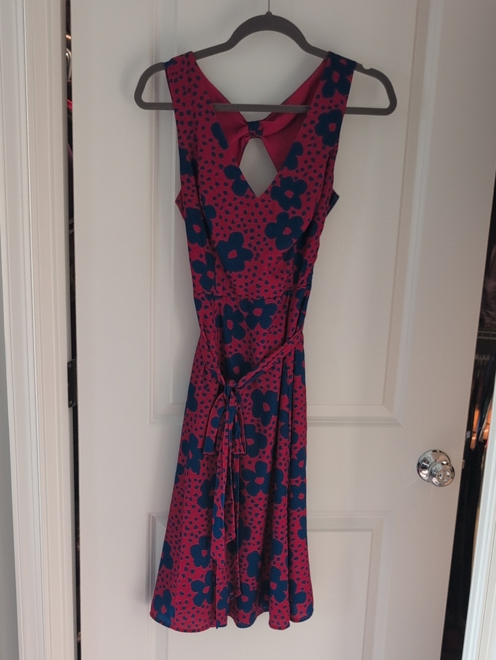 Modcloth Pink Midi Dress with Teal Floral Print and Bow Back